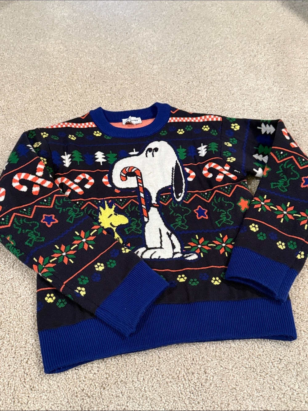Marc Jacobs Kids Navy Blue Holiday Sweater with Snoopy Graphic, size 8